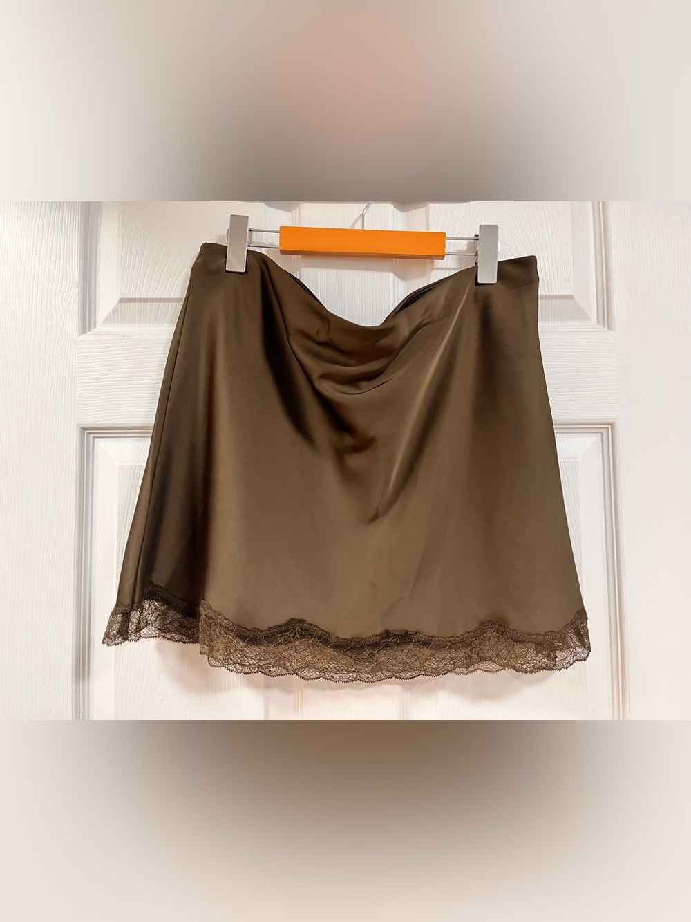 Dynamite Olive Satin Slip Skirt with Lace Trim